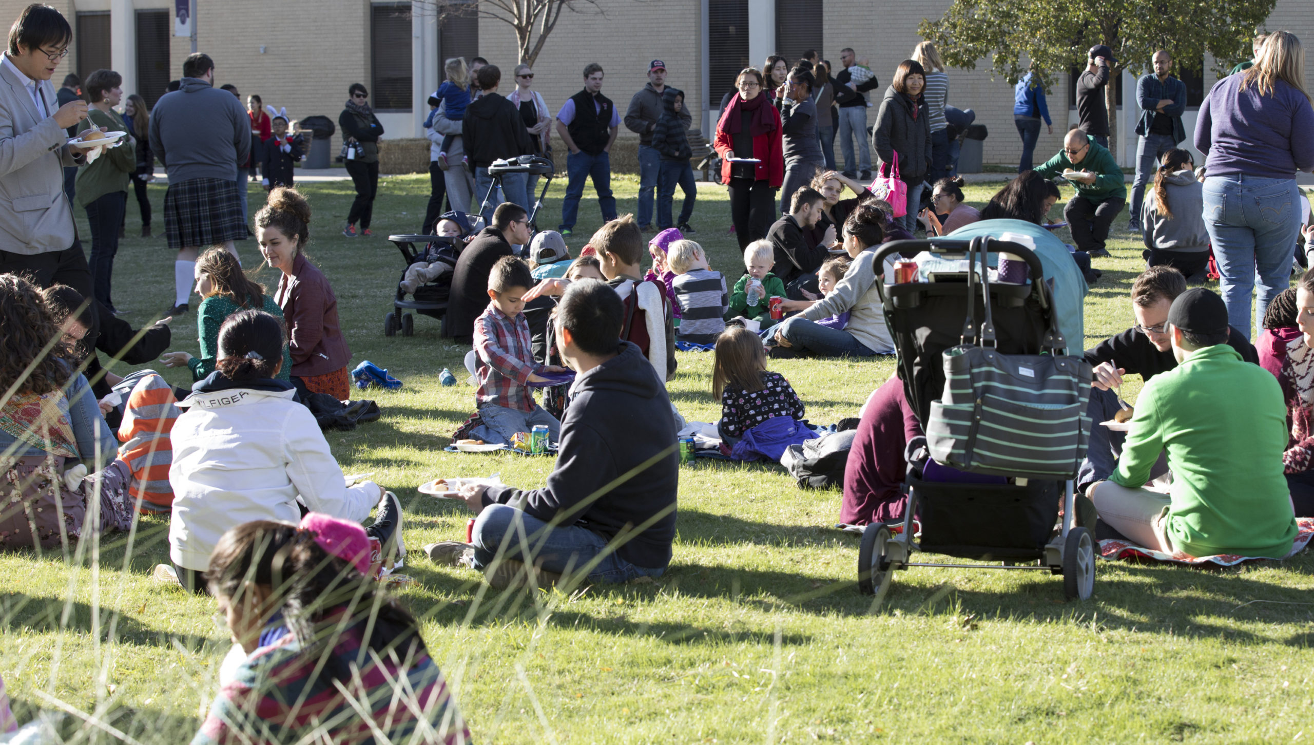 students outside on the campus lawn