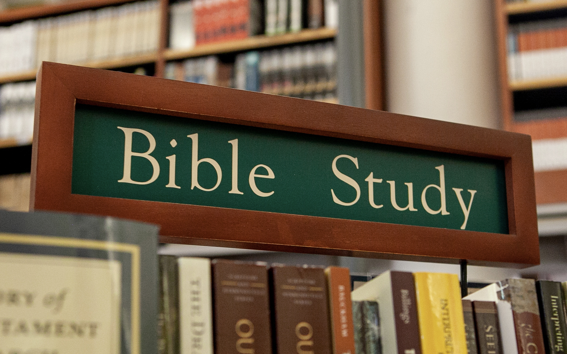 Bible study sign in bookstore